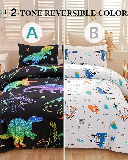 Meeting Story Dinosaur Comforter Set, Fluorescence Gradation Dinosaur Twin Comforter Set, 3 PCS 1 Comforter and 2 Pillowcases in One Bag, All Season Bedspread for Kids Teens Adults（Twin） - LeafyLoom
