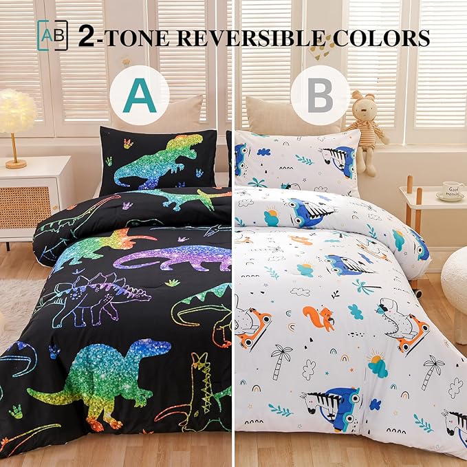Meeting Story Dinosaur Comforter Set, Fluorescence Gradation Dinosaur Twin Comforter Set, 3 PCS 1 Comforter and 2 Pillowcases in One Bag, All Season Bedspread for Kids Teens Adults（Twin） - LeafyLoom