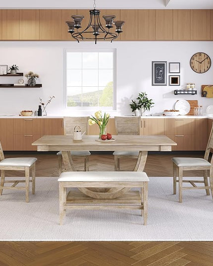 6-Piece Wood Rectangular Dining Table Set with Half Round Legs, 4 Upholstered Chairs and Bench, for Kitchen Living Room, Modern Style, Natural+Beige, 59.1" L x 35.4" W x 29.5" H - LeafyLoom