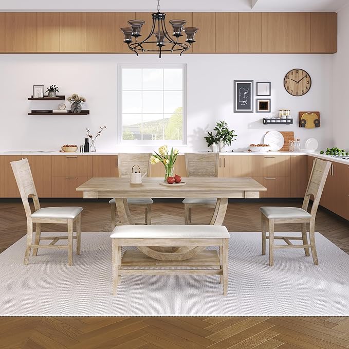6-Piece Wood Rectangular Dining Table Set with Half Round Legs, 4 Upholstered Chairs and Bench, for Kitchen Living Room, Modern Style, Natural+Beige, 59.1" L x 35.4" W x 29.5" H - LeafyLoom