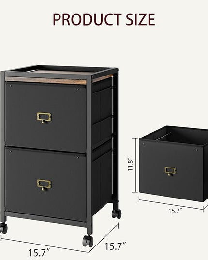 File Cabinet with 2 Drawers, Mobile Filing Cabinet Fits Letter Size or A4, Fabric Vertical File Cabinet on Wheels, File Cabinet for Home Office, Small Under Desk Storage Cabinet, Black - LeafyLoom