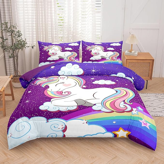 Tailor Shop Unicorn Bedding Sets Queen Size,Purple Unicorn Comforter Sets for Girls Kids Teens with 2 Pillowcase… - LeafyLoom