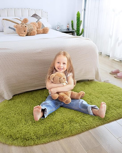 Merelax Soft Shaggy Rug for Kids Bedroom, Oval 2.6'x5.3' Green Plush Fluffy Carpets for Living Room, Furry Carpet for Teen Girls Room, Anti-skid Fuzzy Comfy Rug for Nursery Decor Cute Baby Play Mat - LeafyLoom