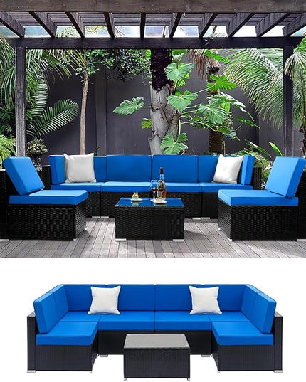 Outvita OutdoorRattan Conversation Set, 7 Pieces PE Rattan Sofa Wicker Patio Furniture Sets with Waterproof Soft Cushion for Backyard Porch Garden Poolside (Black & Blue) - LeafyLoom