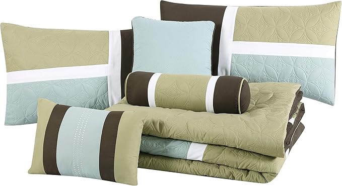 Chezmoi Collection 7-Piece Quilted Patchwork Comforter Set, Coffee Brown/Aqua Blue/Sage Green, Queen - LeafyLoom