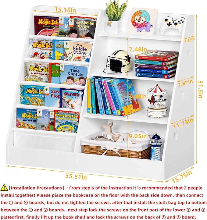 Lerliuo 4 Tier Kids Bookshelf and Storage Organizer, Five Layer Sling Children Bookcase, Baby Toddler Wooden Book Shelf, Display Cabinet for Playroom, Bedroom, Classroom, Nursery, School (White) - LeafyLoom