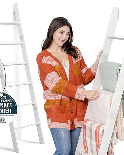 Blanket Ladder for Living Room and Bedroom, 6-Tier Wall Leaning Laminate Snag Free Construction (White) Rustic Decorative Farmhouse Blanket Storage, Quilt Rack, Ladder Shelf, Easy Assembly - LeafyLoom