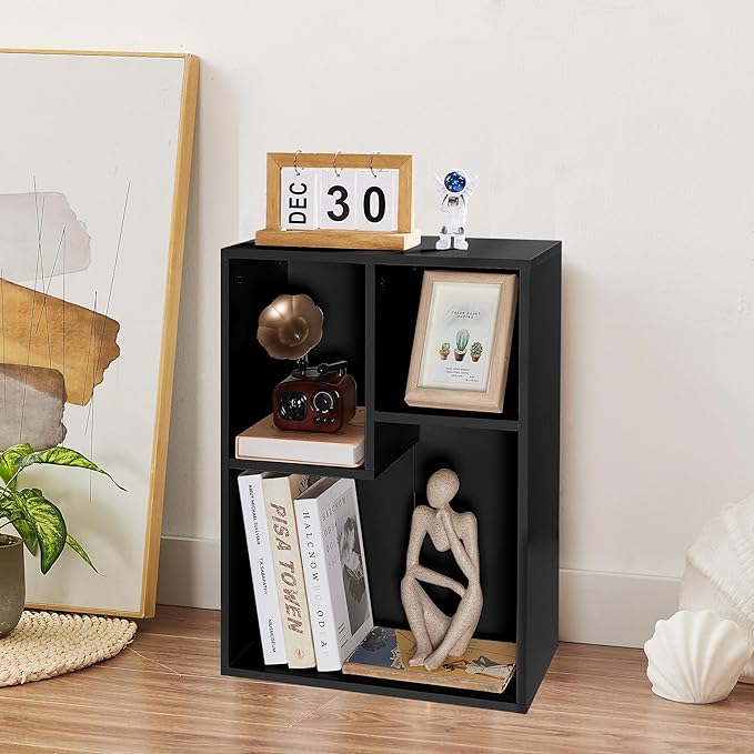 VECELO Small Bookshelf, 3 Cube Shelf, Fits Tallest Hardcovers, Horizontal Available, Short Bookcase for Small Spaces, Matte Black - LeafyLoom