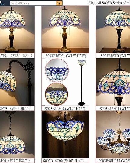 WERFACTORY Tiffany Floor Lamp Navy Blue Baroque Stained Glass Light 12X12X66 Inches Pole Torchiere Standing Corner Torch Uplight Decor Bedroom Living Room Home Office S003B Series - LeafyLoom