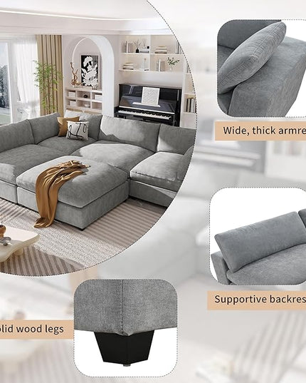 176.4 inch Oversized Sectional Sofa with Removable Ottoman, 5-Seater L Shaped Modular Corner Couch for Living Room, Office, Spacious Space, Grey - LeafyLoom