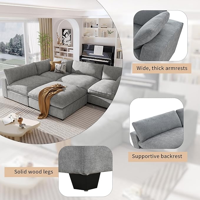 176.4 inch Oversized Sectional Sofa with Removable Ottoman, 5-Seater L Shaped Modular Corner Couch for Living Room, Office, Spacious Space, Grey - LeafyLoom