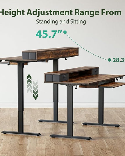 Electric Standing Desk with 2 Drawers and Keyboard Tray, 55 x 24 Inches Ergonomic Adjustable Height Desk with Storage, Sit Stand up Desk Computer Workstation, Rustic Brown - LeafyLoom