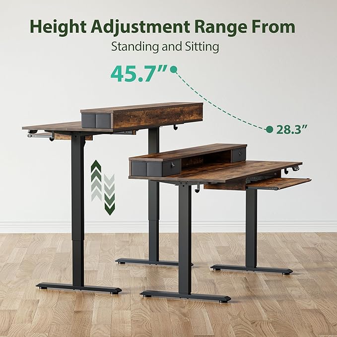 Electric Standing Desk with 2 Drawers and Keyboard Tray, 55 x 24 Inches Ergonomic Adjustable Height Desk with Storage, Sit Stand up Desk Computer Workstation, Rustic Brown - LeafyLoom