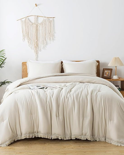 Andency Queen Comforter Set Beige, 3 Pieces Boho Lightweight Fluffy Bedding Comforters & Sets, Soft Tassel All Seasons Bed Set Gift Choice (90x90In Comforter & 2 Pillowcases) - LeafyLoom