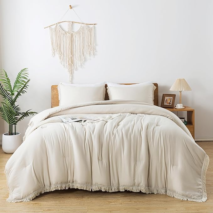 Andency Queen Comforter Set Beige, 3 Pieces Boho Lightweight Fluffy Bedding Comforters & Sets, Soft Tassel All Seasons Bed Set Gift Choice (90x90In Comforter & 2 Pillowcases) - LeafyLoom