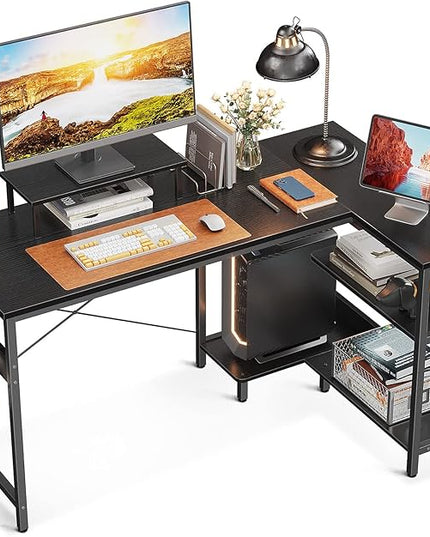 KKL 51 Inch L Shaped Computer Desk with Storage Shelves, Corner Desk with Monitor Stand for Small Space, Modern Simple Writing Study Table for Home Office, Black - LeafyLoom