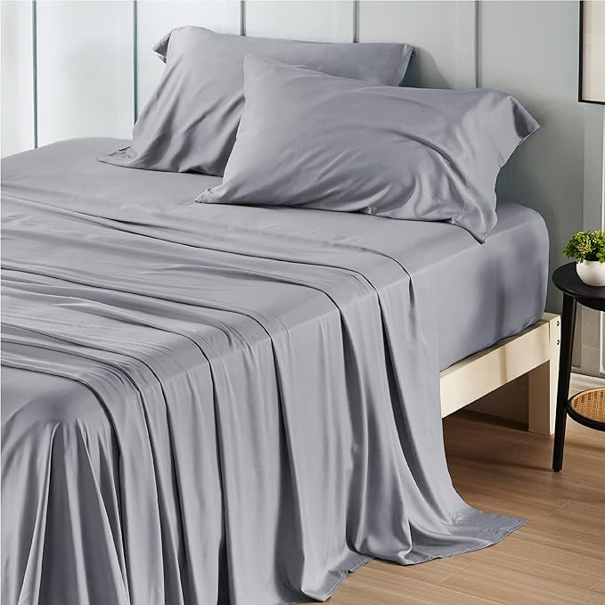 Bedsure King Size Sheet Set, Cooling Sheets King, Rayon Derived from Bamboo, Deep Pocket Up to 16", Breathable & Soft Bed Sheets, Hotel Luxury Silky Bedding Sheets & Pillowcases, Silver Grey - LeafyLoom