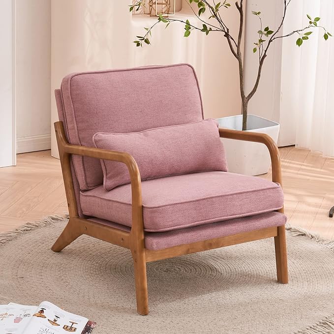 Bonnlo Pink Accent Chairs Set of 2, Upholstered Mid Century Modern Lounge Chairs Reading Chairs Side Sitting Chair Solid Wood Farmhouse Armchairs for Living Room, Bedroom, Guest Room - LeafyLoom