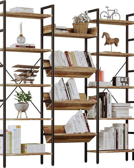 IRONCK Bookcases and Bookshelves Triple Wide 5 Tiers Industrial Bookshelf, Large Etagere Bookshelf Open Record Player Shelves with Metal Frame for Living Room Home Office - LeafyLoom