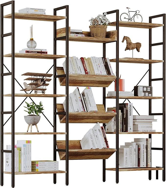 IRONCK Bookcases and Bookshelves Triple Wide 5 Tiers Industrial Bookshelf, Large Etagere Bookshelf Open Record Player Shelves with Metal Frame for Living Room Home Office - LeafyLoom