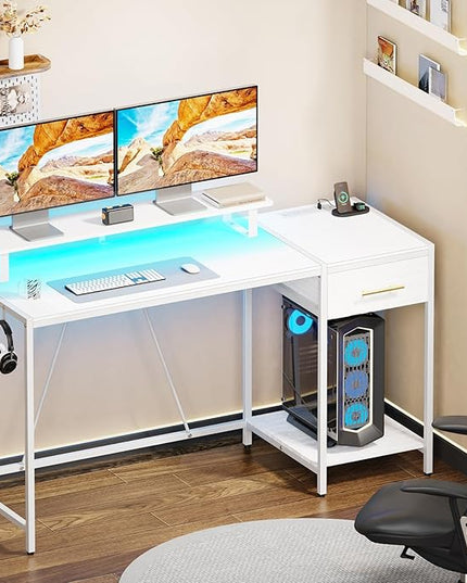 White Computer Desk with Drawer and Power Outlets, 55" Office Desk with Monitor Stand and Sheleves,Writing Study Gaming Desks with Led Light and Headphone Hook for Bedroom - LeafyLoom
