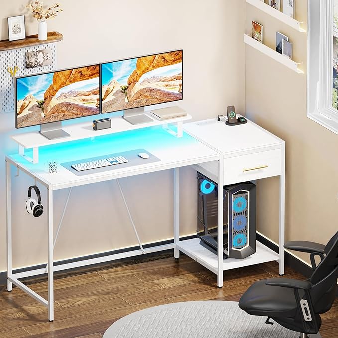 White Computer Desk with Drawer and Power Outlets, 55" Office Desk with Monitor Stand and Sheleves,Writing Study Gaming Desks with Led Light and Headphone Hook for Bedroom - LeafyLoom