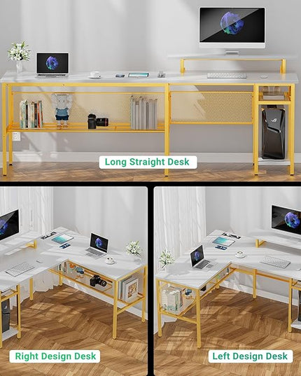 L Shaped Desk, 55 Inch Reversible Computer Desk with Power Outlet and RGB LED Light, Sturdy Corner Office Gaming Desk with Ergonomic Monitor Stand, Attractive Grid Design, White and Gold - LeafyLoom