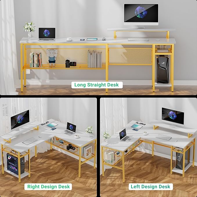 L Shaped Desk, 55 Inch Reversible Computer Desk with Power Outlet and RGB LED Light, Sturdy Corner Office Gaming Desk with Ergonomic Monitor Stand, Attractive Grid Design, White and Gold - LeafyLoom