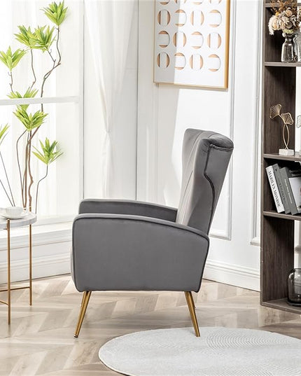Armchair Modern Velvet Accent Chair, Channel Tufted Bedroom, Office or Living Room Furniture with Elegant Metal Legs, Grey - LeafyLoom