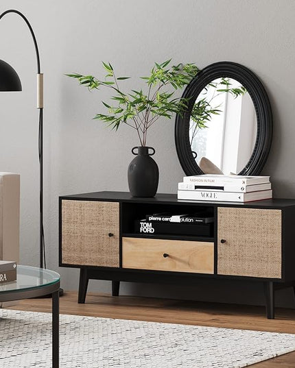 Nathan James Bonnie Modern TV Stand Entertainment Cabinet, Console with a Natural Wood Finish with Storage Doors for Living Media Room, with Drawer, Black Oak/Rattan - LeafyLoom