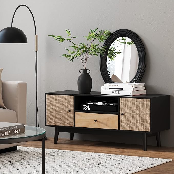 Nathan James Bonnie Modern TV Stand Entertainment Cabinet, Console with a Natural Wood Finish with Storage Doors for Living Media Room, with Drawer, Black Oak/Rattan - LeafyLoom