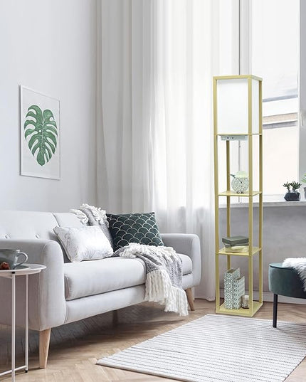 Simple Designs LF1037-TAN-LB Three Shelf Etagere Organizer Storage Floor Lamp with 2 Dual USB Ports and Charging Outlet, Tan, with Feit LED Bulb Included - LeafyLoom