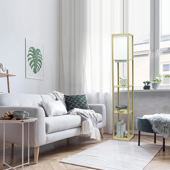 Simple Designs LF1037-TAN-LB Three Shelf Etagere Organizer Storage Floor Lamp with 2 Dual USB Ports and Charging Outlet, Tan, with Feit LED Bulb Included - LeafyLoom