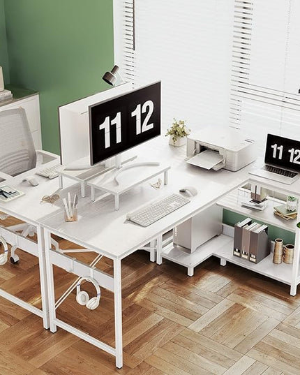 ODK 58 Inch L Shaped Computer Desk with Reversible Storage Shelves, L-shaped Corner Desk with Monitor Stand for Small Space, Modern Simple Writing Study Table for Home Office Workstation, White - LeafyLoom