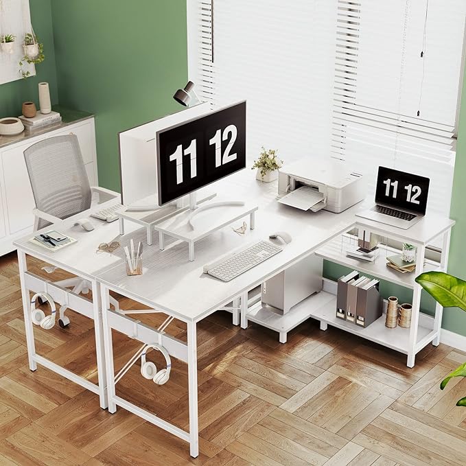 ODK 58 Inch L Shaped Computer Desk with Reversible Storage Shelves, L-shaped Corner Desk with Monitor Stand for Small Space, Modern Simple Writing Study Table for Home Office Workstation, White - LeafyLoom