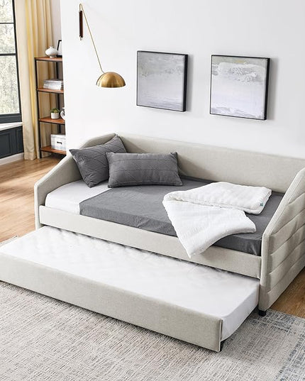 Linen Upholstered Twin Size Daybed with Twin Size Trundle, Solid Wood Tufted Sofa Bed Frame for Bedroom, Guest Room, Dorm, No Box Spring Needed, Space-Saving Design, Beige - LeafyLoom
