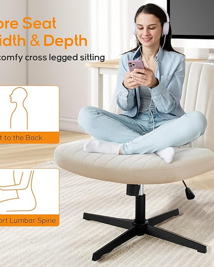 Criss Cross Chair, Cross Legged Office Chair, Wide Comfty Desk Chair, No Wheels Armless Computer Task Chair, Swivel Fabric Vanity Home Chair, Height Adjustable - LeafyLoom