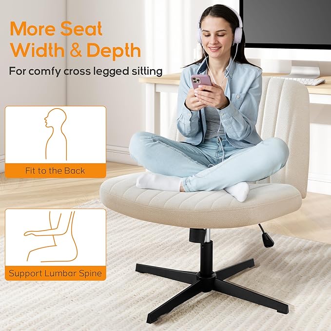 Criss Cross Chair, Cross Legged Office Chair, Wide Comfty Desk Chair, No Wheels Armless Computer Task Chair, Swivel Fabric Vanity Home Chair, Height Adjustable - LeafyLoom
