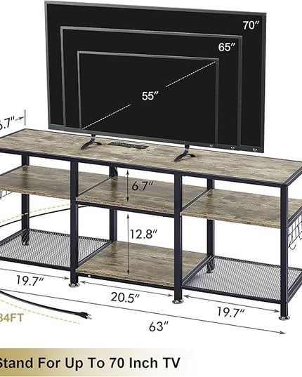 VECELO TV Stand with Power Outlets for Televisions Up to 70 Inch, Industrial Entertainment Center with 3-Tier Open Storage Shelves & 6 Hooks for Living, Bedroom and Gaming Room, 63 Inch, Rustic Grey - LeafyLoom
