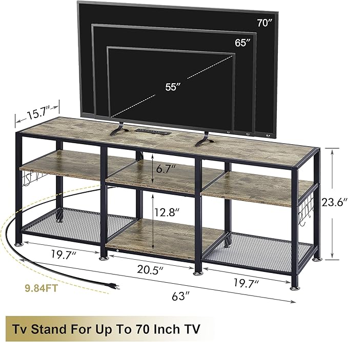 VECELO TV Stand with Power Outlets for Televisions Up to 70 Inch, Industrial Entertainment Center with 3-Tier Open Storage Shelves & 6 Hooks for Living, Bedroom and Gaming Room, 63 Inch, Rustic Grey - LeafyLoom