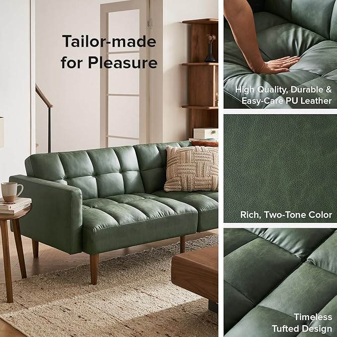mopio Aaron Couch, Small Sofa, Futon, Sofa Bed, Sleeper Sofa, Loveseat, Mid Century Modern Futon Couch, Sofa Cama, Couches for Living Room, Bedroom (Sage Green, Faux Leather) - LeafyLoom