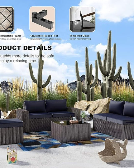 Kullavik 13PCS Outdoor Patio Furniture Set with 43" 55000BTU Gas Propane Fire Pit Table PE Wicker Rattan Sectional Sofa Patio Conversation Sets,Navy blue - LeafyLoom