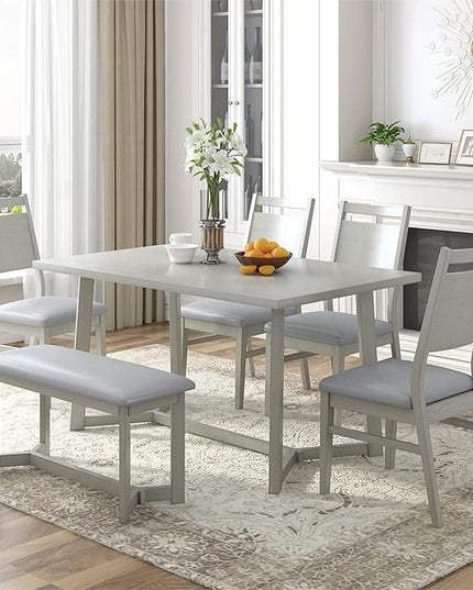 Dining Table Set for 6, 6-Piece Dining Table and Chair Set with 4 Upholstered Chairs and Bench, Dining Room Table Set for Living Room, Dining Room, Light Grey - LeafyLoom