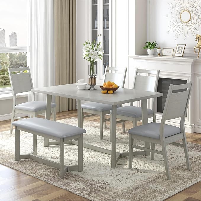 Dining Table Set for 6, 6-Piece Dining Table and Chair Set with 4 Upholstered Chairs and Bench, Dining Room Table Set for Living Room, Dining Room, Light Grey - LeafyLoom