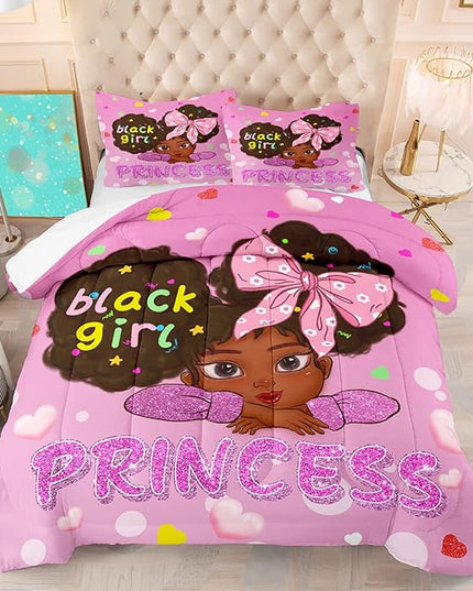 Black Girl Full Size Comforter Sets for Girls-Black African American Girls Full Size Bedding Sets Pink Princess Full Size Comforter Sets Girls Room, Full (1 Comforter 2 Pillowcases) - LeafyLoom