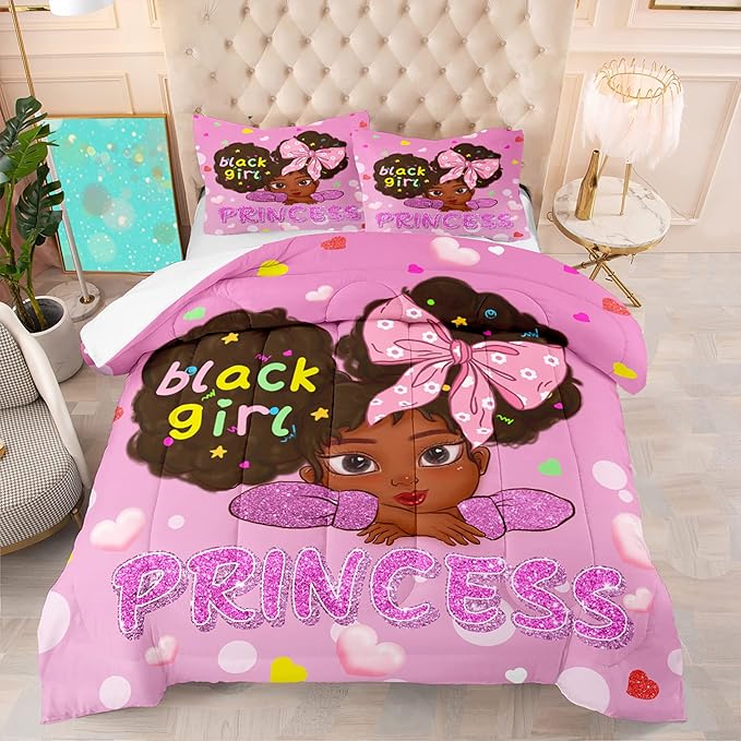 Black Girl Full Size Comforter Sets for Girls-Black African American Girls Full Size Bedding Sets Pink Princess Full Size Comforter Sets Girls Room, Full (1 Comforter 2 Pillowcases) - LeafyLoom