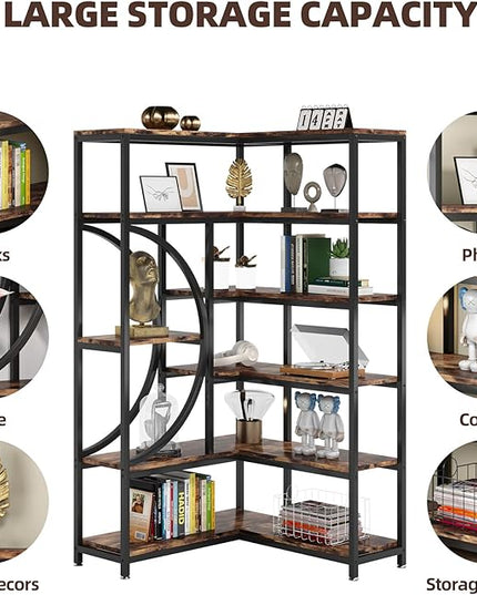 TIYASE 6-Shelf Corner Bookshelf Industrial 6-Tier Corner Etagere Bookcase, Large Corner Shelf L-Shaped Book Shelves Display Storage Rack with Metal Frame for Living Room Home Office, Rustic Brown - LeafyLoom