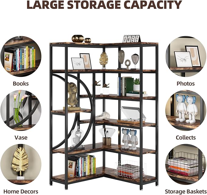 TIYASE 6-Shelf Corner Bookshelf Industrial 6-Tier Corner Etagere Bookcase, Large Corner Shelf L-Shaped Book Shelves Display Storage Rack with Metal Frame for Living Room Home Office, Rustic Brown - LeafyLoom