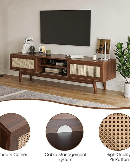 STARY 65''Mid Century Modern TV Stand,Boho Media Console Entertainment Center with Cable Management for Living Room, Walnut - LeafyLoom