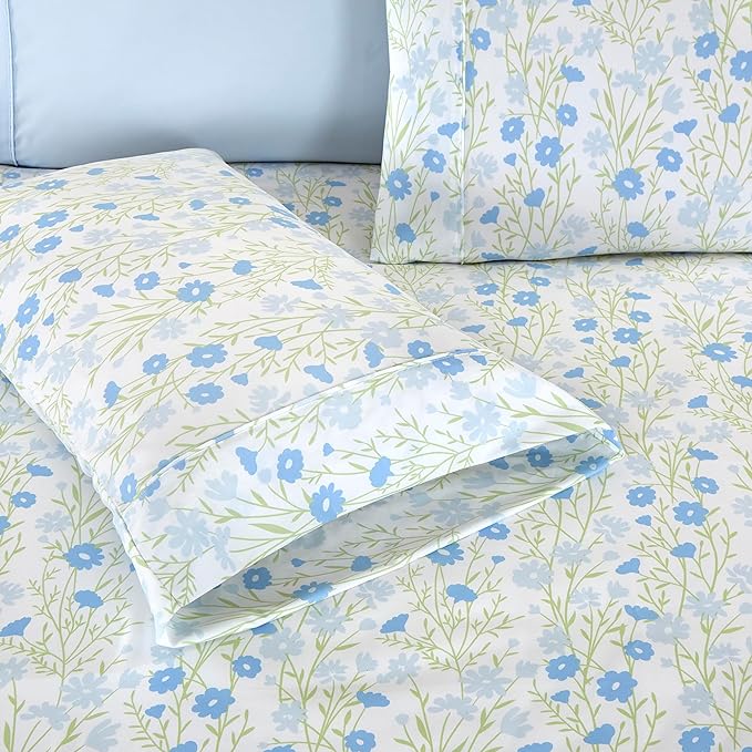 Elegant Comfort Softest and Coziest 6-Piece Sheet Set - 1500 Premium Hotel Quality Microfiber - Deep Pocket, Wrinkle Resistant 6-Piece Floral Bed Sheet Set, Full, Laurel Blue - LeafyLoom